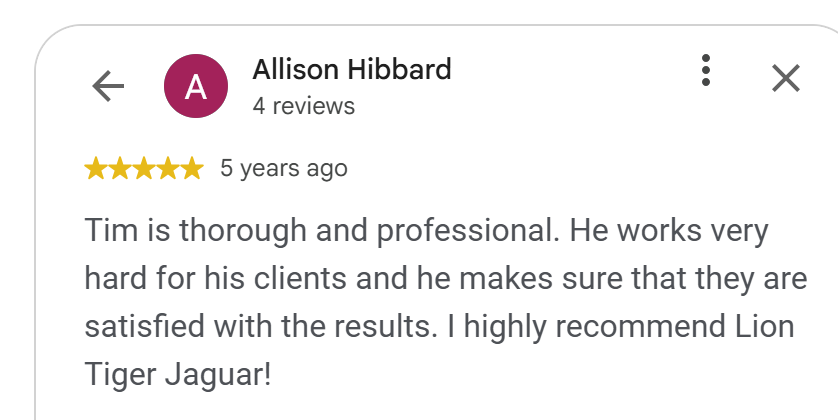 5-star Google review by Allison Hibbard: Tim Steckel of Lion Tiger Jaguar is thorough, professional and client-focused