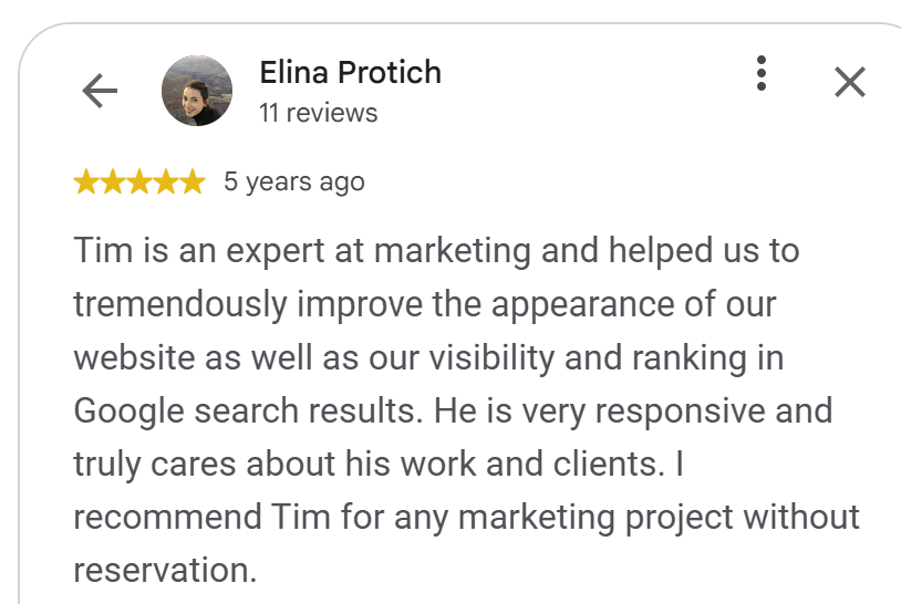 5-star Google review by Elina Protich: Tim Steckel improved her website's design and Google search ranking