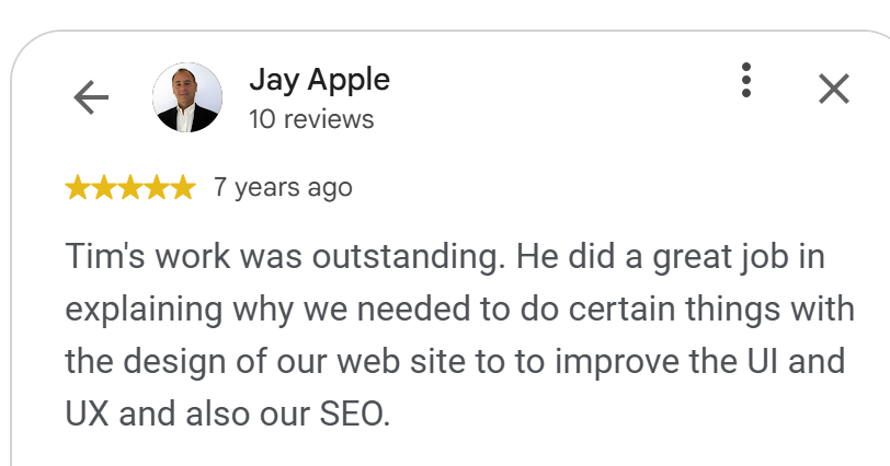 5-star Google review by Jay Apple: Tim Steckel's outstanding work on website UI, UX and SEO
