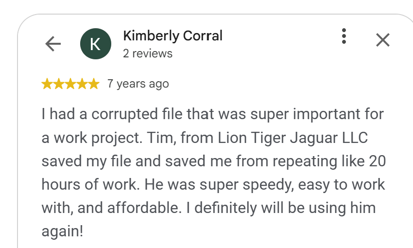 5-star Google review by Kimberly Corral: Tim Steckel of Lion Tiger Jaguar recovered a corrupted work file fast
