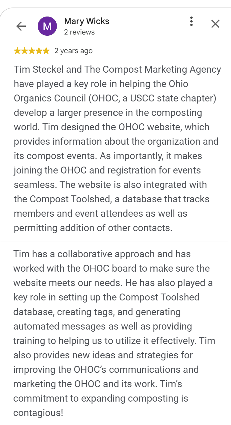5-star Google review by Mary Wicks, Ohio Organics Council: Tim Steckel built their website and trained the board